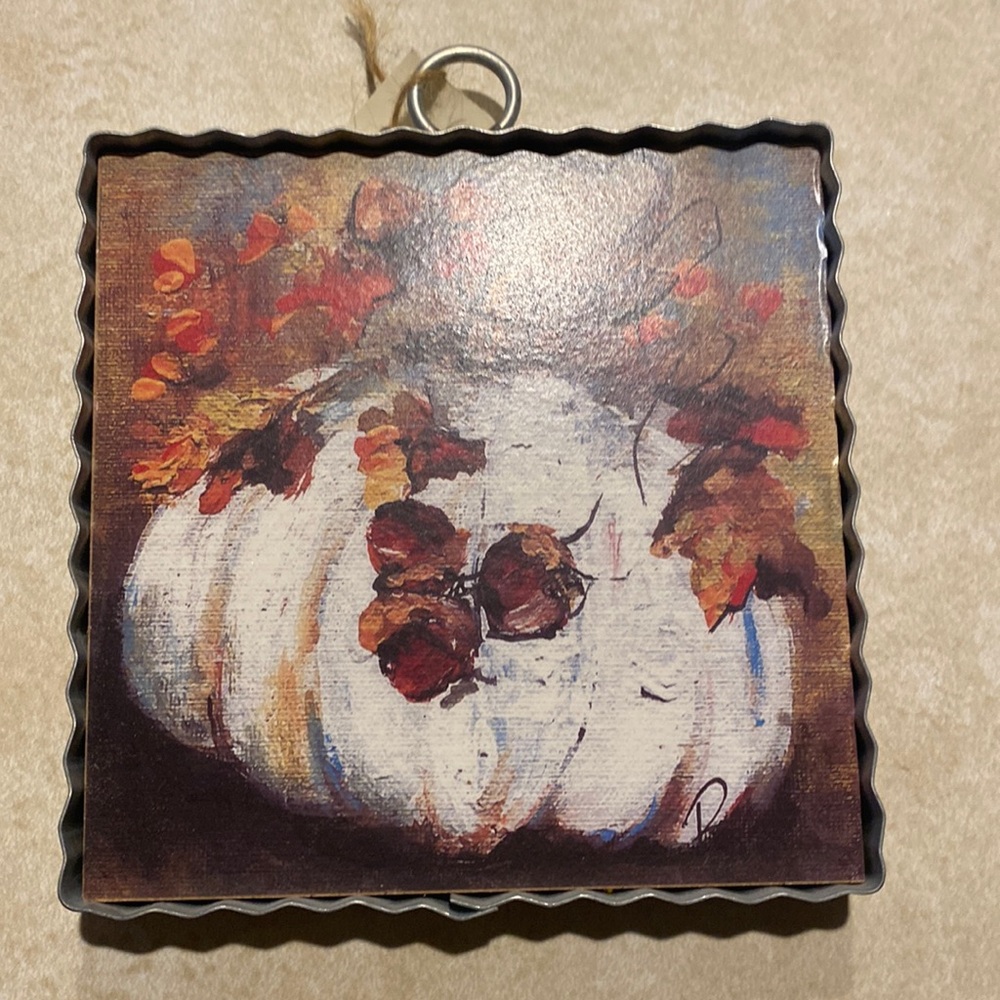 White Pumpkin with Acorns Metal Sign